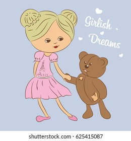 Vector color illustration. Girl with teddy bear.