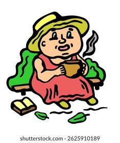 
Vector color illustration, grandmother in hat and dress with drink on bench and book, on white isolated background
