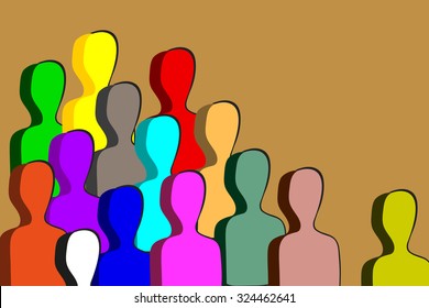 Vector color Illustration group of people on gold background. Hand drawn illustrations for postcards, books cover, web page background, print on fabric. Perfect design element.