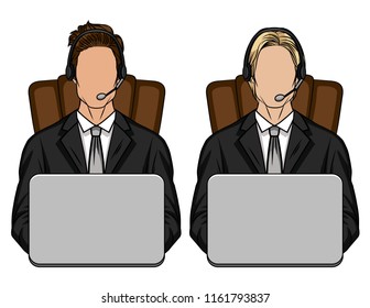 Vector color illustration of a guy sitting in office on chair in front of computer. A team of two people in a suit works in the customer support office. Template for service center