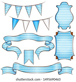 Vector color illustration of hand drawn ribbons and labels. Blue geometric pattern Oktoberfest and Bavarian flag, ribbons and labels. Set isolated on a white background