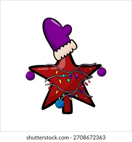 Vector color illustration of hand drawn red Christmas tree star on white background, Happy New Year