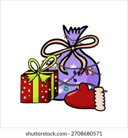 Vector color illustration of hand drawn New Year box with gifts and New Year bag with gifts on white background, Happy New Year