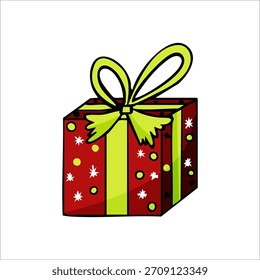 Vector color illustration of hand drawn cartoon gift box with yellow bow on white background, Happy New Year