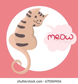 Vector color illustration of the hand drawn sketch of cat with text meow in cloud form speech bubble.Cartoon cat character. Vector illustration. Eps-8