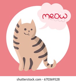 Vector color illustration of the hand drawn sketch of cat with text meow in cloud form speech bubble.Cartoon cat character. Vector illustration. Eps-8