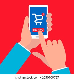 Vector color illustration of a hand holding phone. There is "buy now" on smartphone screen