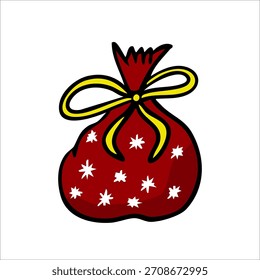 Vector color illustration of a hand-drawn New Year's bag with gifts in red on a white background, Happy New Year