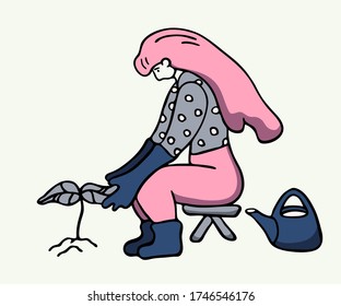 Vector color illustration in hand-drawn style: a girl in gardening gloves takes care of a plant, near a watering can