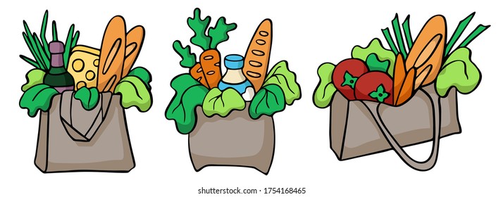 Ilustración de color vectorial en estilo dibujado a mano: conjunto de bolsas y paquetes con alimentos