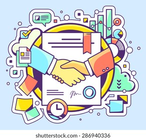 Vector color illustration of handshake with contract signed and sealed and graphs on blue background. Hand draw line art design for web, site, advertising, banner, poster, board and print. 