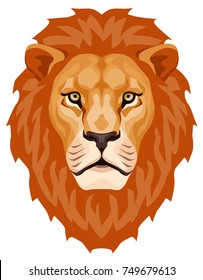 vector color illustration of a head of a lion with the orange mane. front view