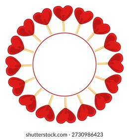 Ilustração a cores vetoriais de pirulitos em forma de coração. Design para logotipos e cartões postais com espaço para texto. Imagem de doces doces.