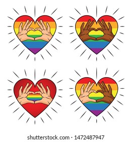 Vector color illustration of a heart-shaped hand on a rainbow background. Color print Sign of love from the fingers of different skin colors. A set of logos for the LGBT community