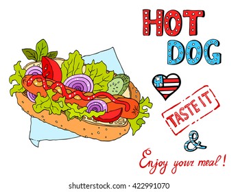 Vector color illustration of the hot dog, flag of the USA in the heart, text Taste it and Enjoy your meal. Vector hand drawn sketch of the fast food. 