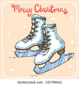 Vector color illustration of ice skates,text Merry Christmas on background with abstract paper texture,retro frame.Christmas gift skates sketch.Linear art in vintage style for your design.