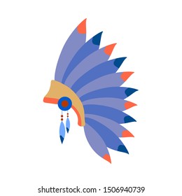 Vector color illustration icon with ceremonial indian chief feather crown. Wild west symbolic textile element. Background indian folkloric decoration. Festive texture ethnic decorative object.