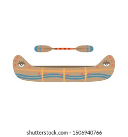 Vector color illustration icon with ceremonial indian chief leather canoe, oar. Wild west symbolic textile element. Background indian folkloric decoration. Ethnic decorative object. Indigenous peoples