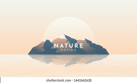 Vector color illustration. Island in sea. Minimalist geometric background. Panoramic wallpaper. Rock silhouette reflection in water. Mountain in ocean. Website or game template. Sunset or sunrise