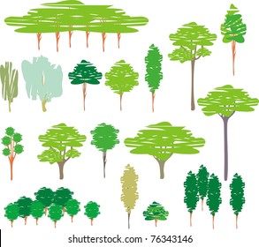 Vector color illustration isolated trees â?? cartoon set of silhouettes