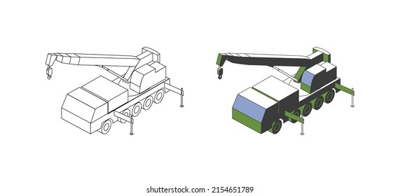 Vector color illustration. Isometric truck crane. Isolated mobile crane on a white background. Collection.