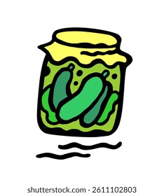 Vector color illustration of a jar with pickled cucumbers on a white isolated background