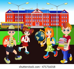 Vector color illustration of kids and school bus in front of school building