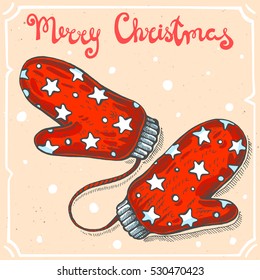 Vector color illustration of knitted mittens,text Merry Christmas on the background with abstract paper texture,retro frame.Glove with stars sketch.Linear art in vintage style for your design.