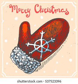 Vector color illustration of knitted mitten,text Merry Christmas on background with abstract paper texture,retro frame.Glove with snowfall sketch.Linear art in vintage style for your design.