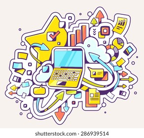 Vector color illustration of laptop operation on light background. Hand draw line art design for web, site, advertising, banner, poster, board and print. 