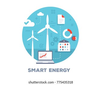 Ilustração em cores vetoriais de laptop, moinho de vento, casa e ícones. Conceito de energia alternativa inteligente em fundo azul com título. Design de estilo plano para web, site, banner, apresentação de negócios