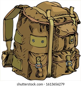 vector color illustration - large army backpack with padded straps, belt attachment, external pockets, places for attaching additional volumes and straps for compressing of contents