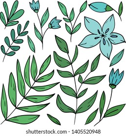Vector color illustration with leaf, leaves and blue flowers on white background. Good for printing. Postcard and logo design. Hand drawn spring bouquet. Isolated set.