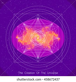Vector color illustration of the linear geometric polygonal figure on the violet starry background. Abstract image with text The Creation Of The Universe.