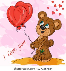 vector color illustration of a little bear boy holding balloons in his paws in the form of a heart, for the design of postcards and printing