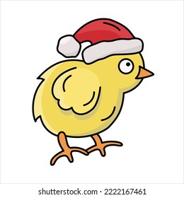 Vector color illustration of a little cute chicken in Santa's hat with black outine. Suitable for Christmas, New Year design.
