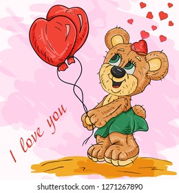vector color illustration of a little girl bear holding balloons in the paws in the form of a heart, for the design of postcards and printing
