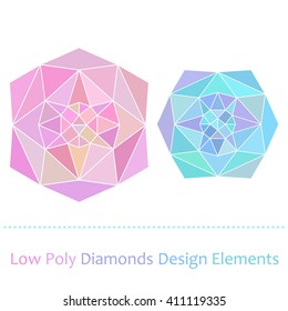 Vector color illustration of the low poly design elements with text on the white background. Vector polygonal geometrical figure. Low poly pink and blue diamonds.