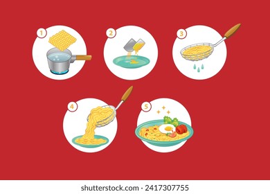 Ilustración de color vectorial de hacer fideos instantáneos o ramen para el embalaje, libro de recetas, menú. Paso a paso cómo cocinar fideos instantáneos fritos. 