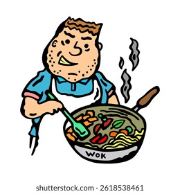 Ilustración de color de Vector de un hombre cocinando verduras y fideos en una sartén wok sobre un fondo aislado blanco