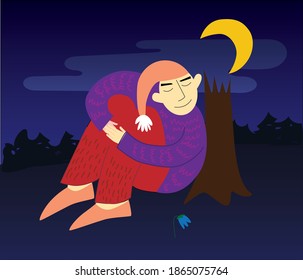 Imagen de color vectorial de un hombre durmiendo de noche en el bosque a la luz de la luna.