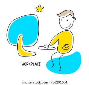 Vector color illustration of modern wireless workplace on white background. Sitting man and monoblock. Line art doodle style design of working man for web, site, banner, advertising