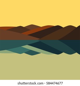 Vector color illustration of mountain panorama landscape and river