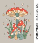 Vector color illustration of mushrooms fly agarics, toadstools, herbs and flowers in the colors of 1970
