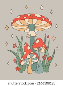 Vector color illustration of mushrooms fly agarics, toadstools, herbs and flowers in the colors of 1970