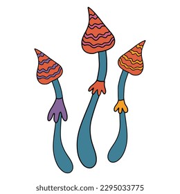 Vector color illustration of mushrooms fly agarics, toadstools. A retro 70-60s design element or an icon. Colorful vector illustration in vintage style. Retro 70's psychedelic hippie mushroom.