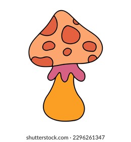 Vector color illustration of mushrooms fly agarics, toadstools. A retro 70-60s design element or an icon. Retro 70's psychedelic hippie mushroom. Colorful illustration in vintage style. 