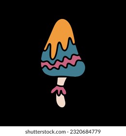Vector color illustration of mushrooms fly agarics, toadstools. Retro 70's psychedelic hippie mushroom. Colorful illustration in vintage style. A retro 70-60s design element or an icon. 