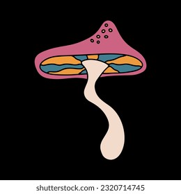 Vector color illustration of mushrooms fly agarics, toadstools. Retro 70's psychedelic hippie mushroom. A retro 70-60s design element or an icon.  Colorful illustration in vintage style. 