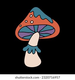 Vector color illustration of mushrooms fly agarics, toadstools. Colorful vector illustration in vintage style. A retro 70-60s design element or an icon. Retro 70's psychedelic hippie mushroom.